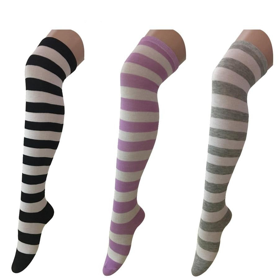 Striped Thigh High Stockings (3 Pairs Set) - Sissy Panty Shop