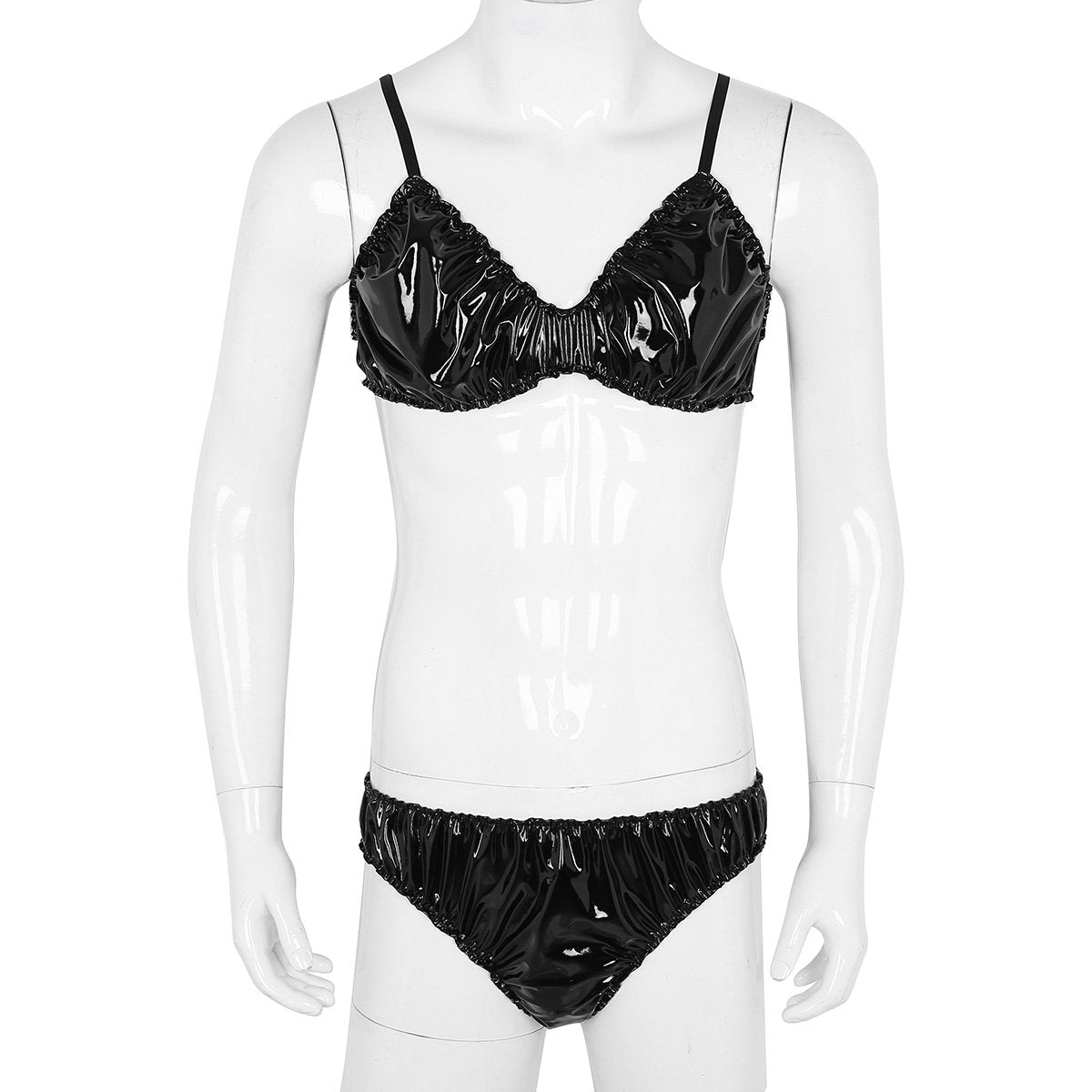 Women's Sexy Lingerie Wet Look PVC Leather Bra Top Panties Set