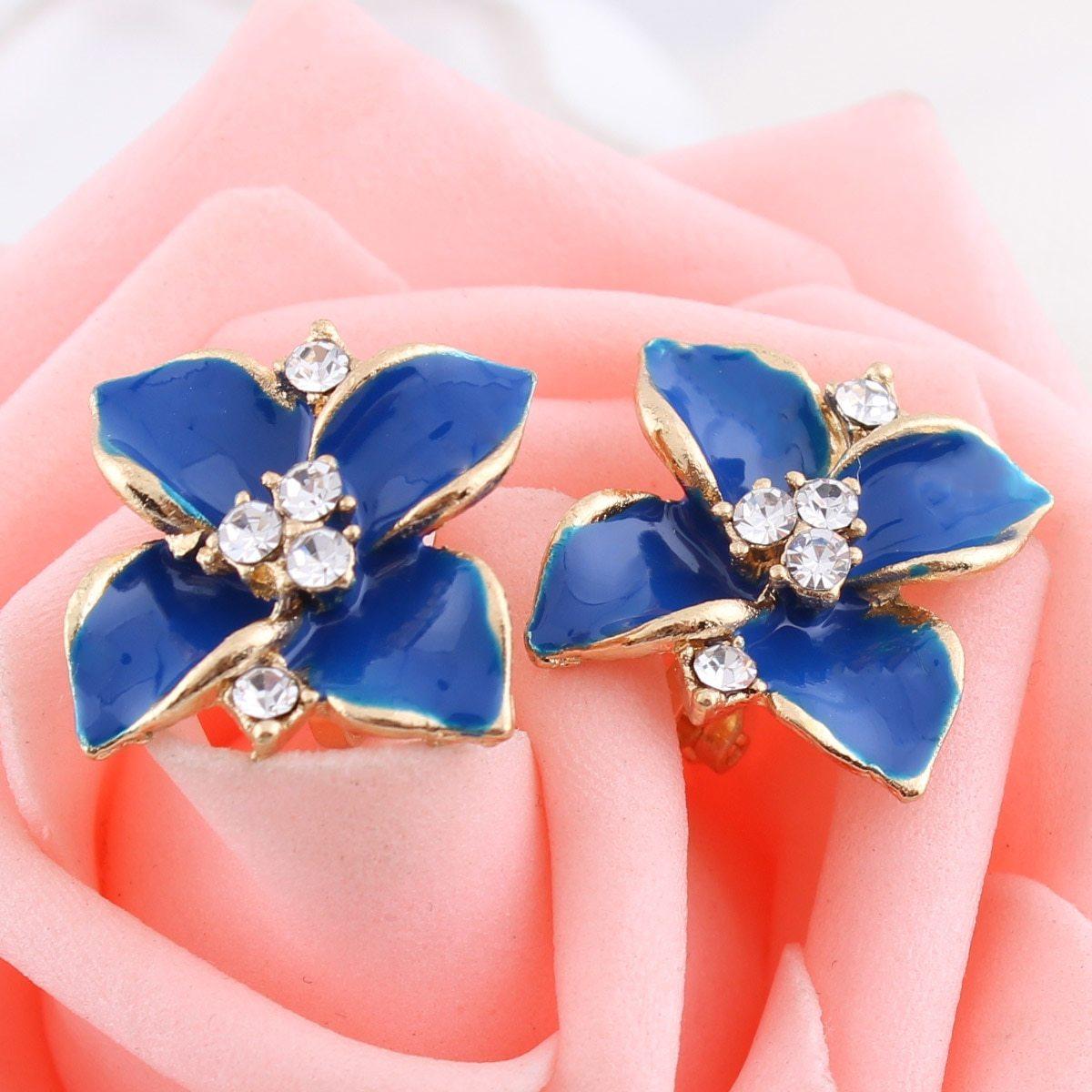 Blue Crystal Flower Clip On Earrings Sissy Panty Shop 