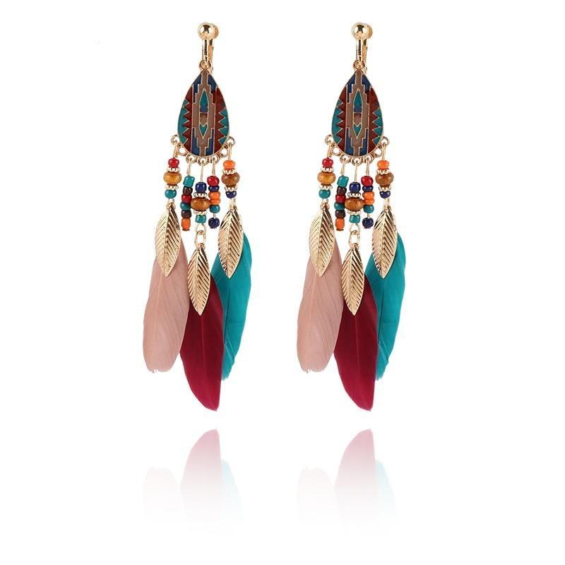 Bohemian Feather Clip on Earrings - Sissy Panty Shop