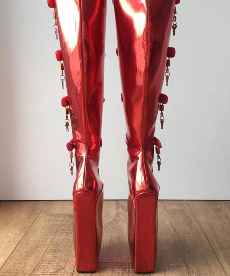 Lockable Red Ballet Wedge Boots - Sissy Panty Shop